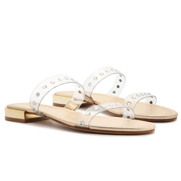 SCHUTZ āARIELLEā GOLD & CLEAR SLIDE SANDALSš - Picture 3 of 9